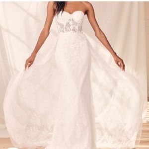 Lulu's Elegance White Lace Embroidered Rhinestone Strapless Maxi Dress